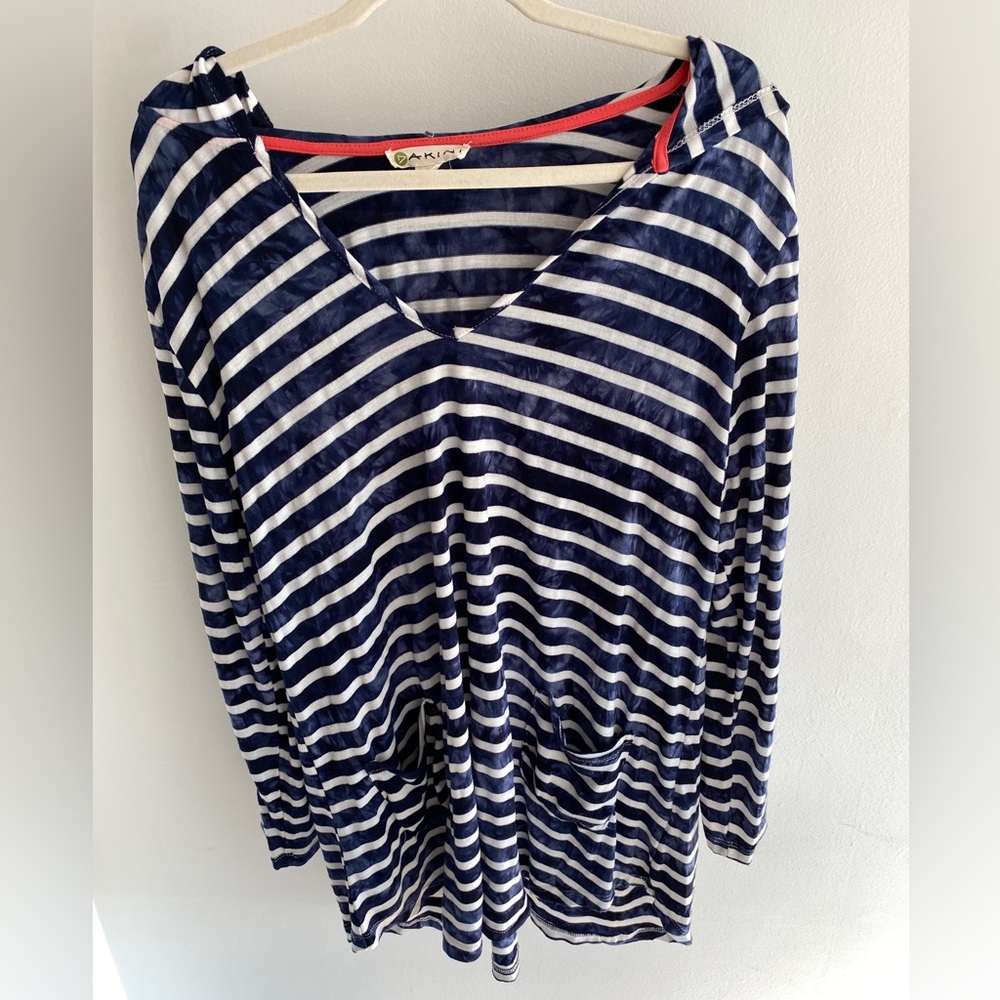 Dakini blue & white stripe coverup/top, size 2X, two front pockets and hood